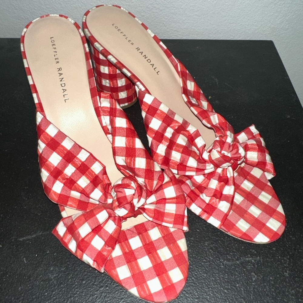 Loeffler Randall Red and White Gingham Knot Mule Heels